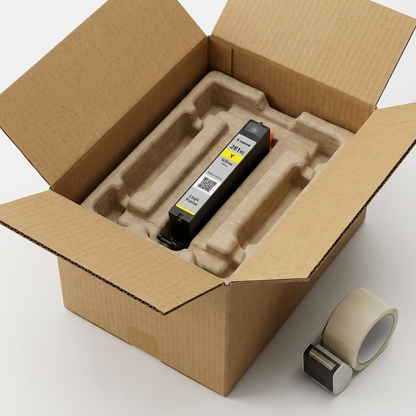 A macro photo shows a single Canon CLI-281XL Yellow ink cartridge, still in its sealed foil wrapper, protected within a heavy-duty air-cushioned mailer, emphasizing secure shipping.