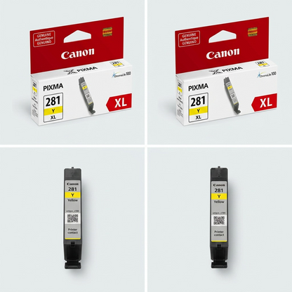 A 2x2 grid matrix showing four different angles of the Canon CLI-281XL Yellow ink cartridge SKU 2036C001, highlighting its packaging and design without text on the image.