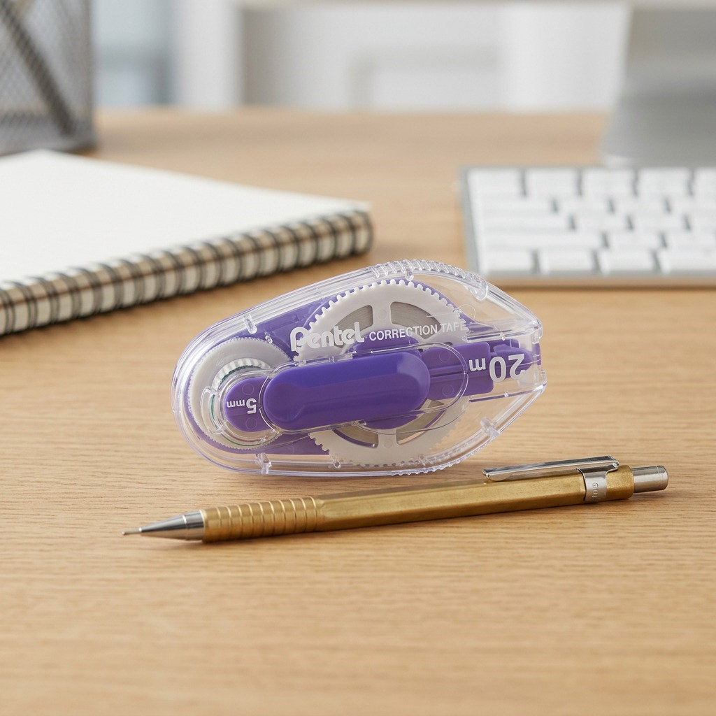 Pentel Retractable Correction Tape alongside a mechanical pencil on a desk for size reference.