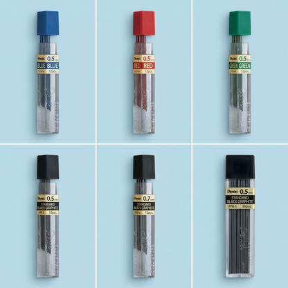 A premium 3x2 grid display showcasing six color and size configuration options based on the Pentel lead refill, against unified brand-aligned backgrounds.
