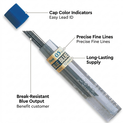 Pentel 0.5mm blue mechanical pencil lead refill values chart on clean background with 12 leads per tube.