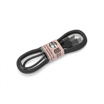 Pure high-resolution hero shot of a coiled black braided Tech Basics 3 ft USB-C to USB-C cable over a pure white background, showcasing all features from image_0.png.