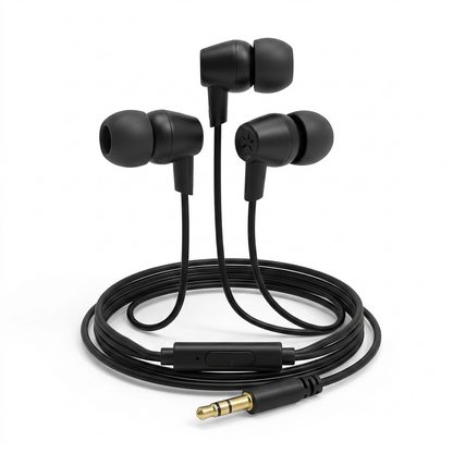 A high-resolution, centered view of the Tech Basics wired earbuds, showcasing the microphone and 3.5mm plug on a pure white background.