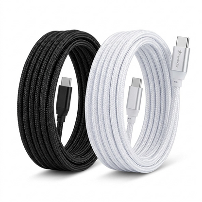 A premium, close-up photograph of a coiled black and a coiled white 9-foot braided Type-C cable on a pure white background.