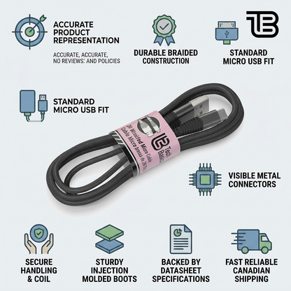 Tech Basics braided Micro USB cable infographic showcasing durable construction, visible connectors, and fast Canadian shipping.