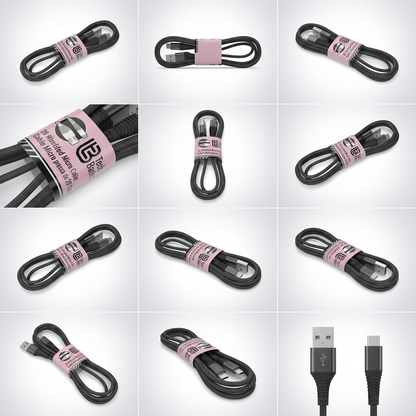 A 3x4 PDP visual matrix image showing twelve distinct angles and views of the Tech Basics 3ft braided Micro USB cable. All panels precisely retain the cable's design, including the black braided material and the pink paper band from the reference image. The matrix serves as a multi-angle or functional configuration gallery, without text or color variations, for a cohesive product display.<ctrl46>