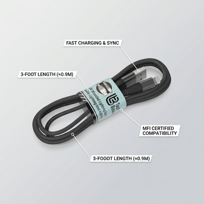 A graphic of a bundled 3ft iOS cable highlighting FAST CHARGING & SYNC and MFI CERTIFIED COMPATIBILITY.