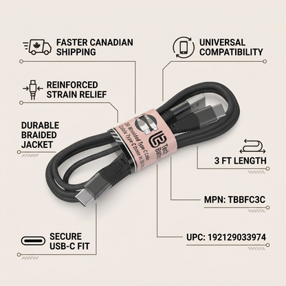 Ecommerce trust infographic for Tech Basics braided 3ft USB-C cable (TBBFC3C).