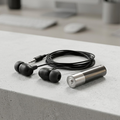 A standard AA battery positioned vertically next to the black Tech Basics earbuds and their cable.