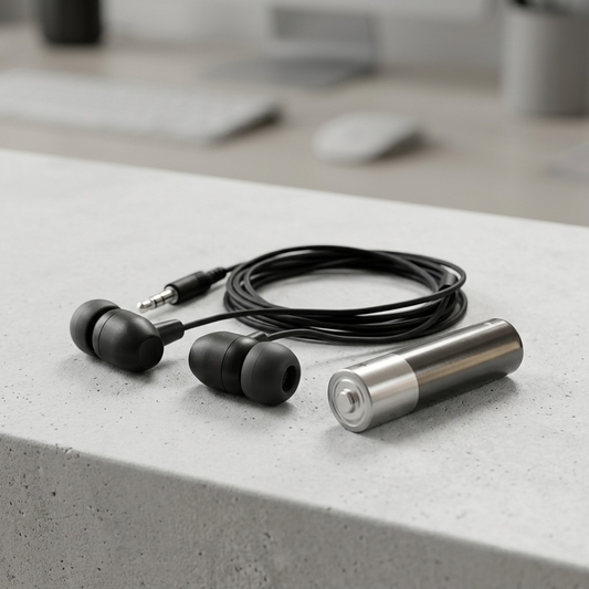 A standard AA battery positioned vertically next to the black Tech Basics earbuds and their cable.