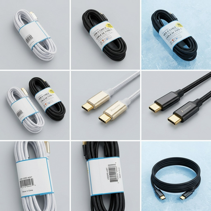 A PDP visual matrix demonstrating the Tech Basics Travelocity 9 Foot Braided Type-C Cable from various perspectives, showcasing one coiled and labeled in white and one in black for comparison.