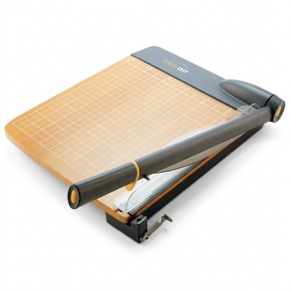 A centered high-resolution product shot of the Westcott TrimAir 46cm guillotine trimmer, featuring a wood base with grid lines, dark grey arm and spine, with visible Trimair branding by the pivot, on a pure white background with soft, clean shadows.