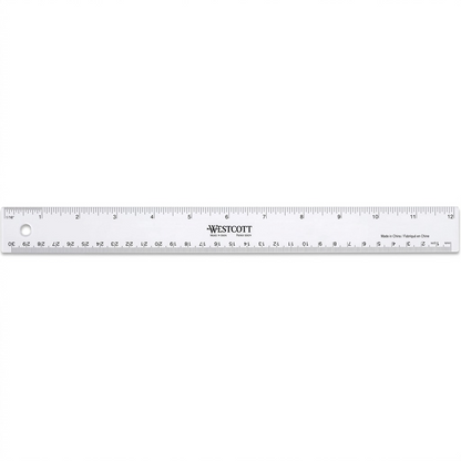 A high-resolution product shot of the Westcott 12-inch/30cm clear plastic ruler, as shown in image_0.png, resting horizontally on a pure white background with a clean, soft shadow and crisp edges.