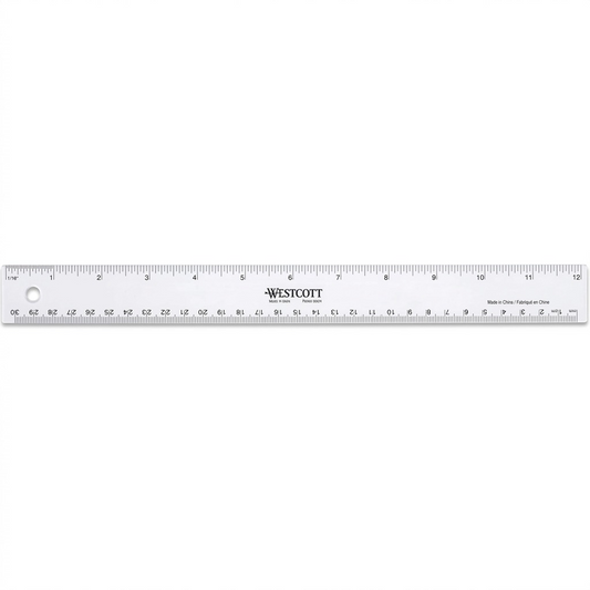 A high-resolution product shot of the Westcott 12-inch/30cm clear plastic ruler, as shown in image_0.png, resting horizontally on a pure white background with a clean, soft shadow and crisp edges.