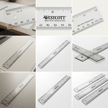 A 3x3 grid comparison matrix showing different translucent color and angle variants of the canonical Westcott ruler.