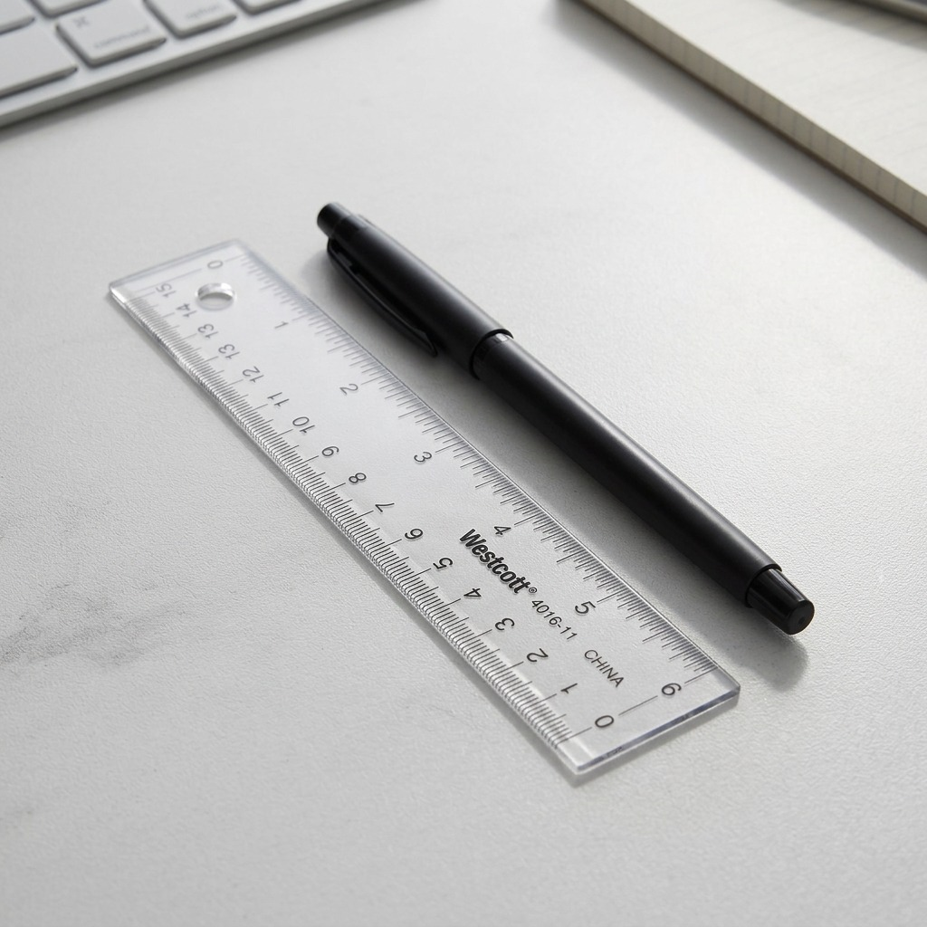 Scale reference photo for 15cm Westcott acrylic ruler with a standard pen on a desk surface.
