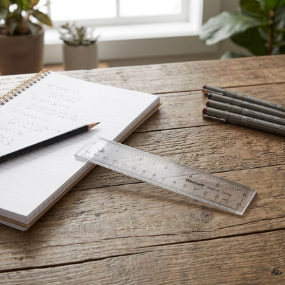 A 6-inch/15-cm clear Westcott acrylic ruler sits on a wooden desk next to open math workbooks and scattered colored pencils. The page shows handwritten diagrams and equations, suggesting geometry work in progress. Natural light from a window illuminates the scene.