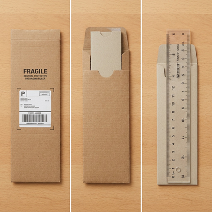 A realistic, premium e-commerce photo of the Westcott 6" acrylic ruler being carefully pulled from a clean, rigid, recycled cardstock protective sleeve within a plain box, showing its condition is perfect upon arrival.