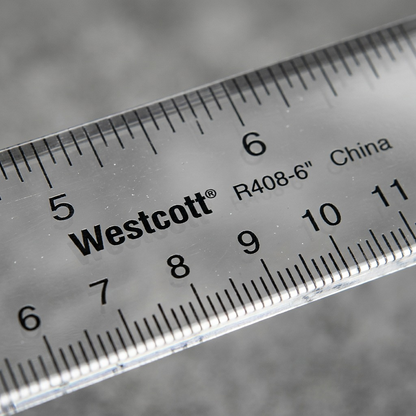 Macro detail of the etched and printed Westcott R408-6" ruler markings.