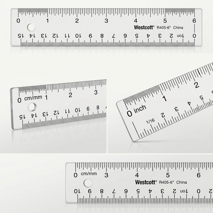 A matrix view of the Westcott 6" acrylic ruler shown in multiple configurations against a brand-aligned gradient background.