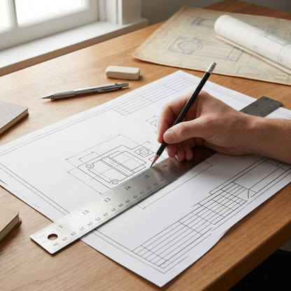 A lifestyle photo shows the specific 24" stainless steel ruler from image_0.png in use on a wooden desk. Under accurate, natural lighting, a hand marks a perfect line with a pencil against the ruler on drafting paper. Other creative tools and projects are softly in focus. The ruler's distinct markings are clear. (UPC: 65956502046)