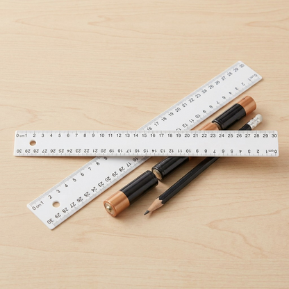 A close-up photograph comparing the Westcott 30cm white plastic ruler next to a standard AA battery on a light wooden desk context.