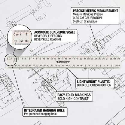 An operational feature callout visual highlighting main characteristics of the Westcott 30cm white plastic ruler.