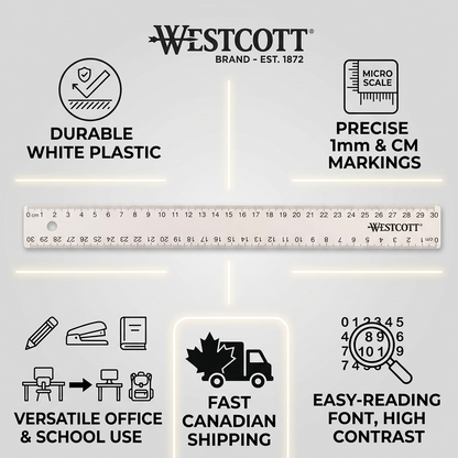 Westcott 30cm ruler infographic with icons for durable white plastic, precise 1mm/cm markings, and fast Canadian shipping.