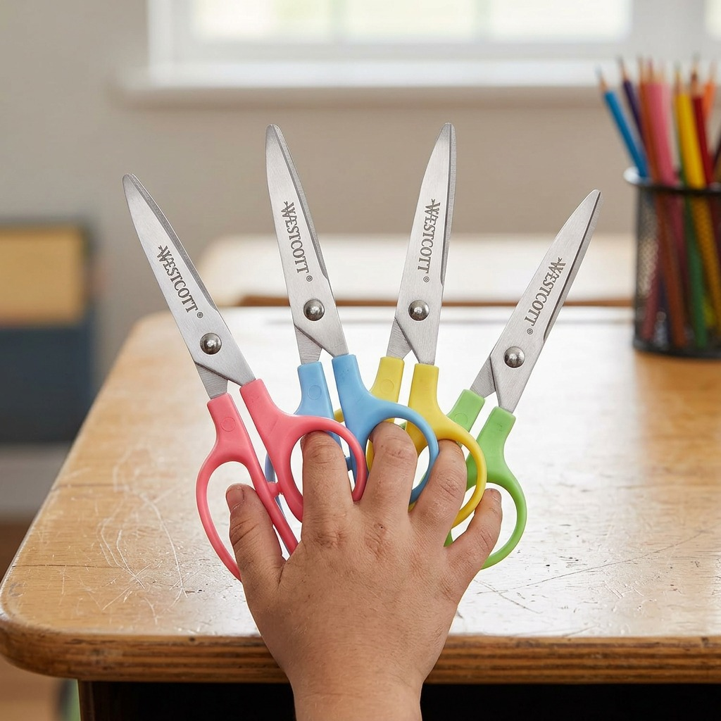 A child's hand holding four colorful Westcott 5-inch pointed kids scissors on a wooden school desk.