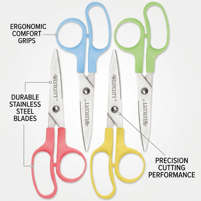Westcott 5-inch pointed kids scissors with callouts for ergonomic grips and stainless steel blades.