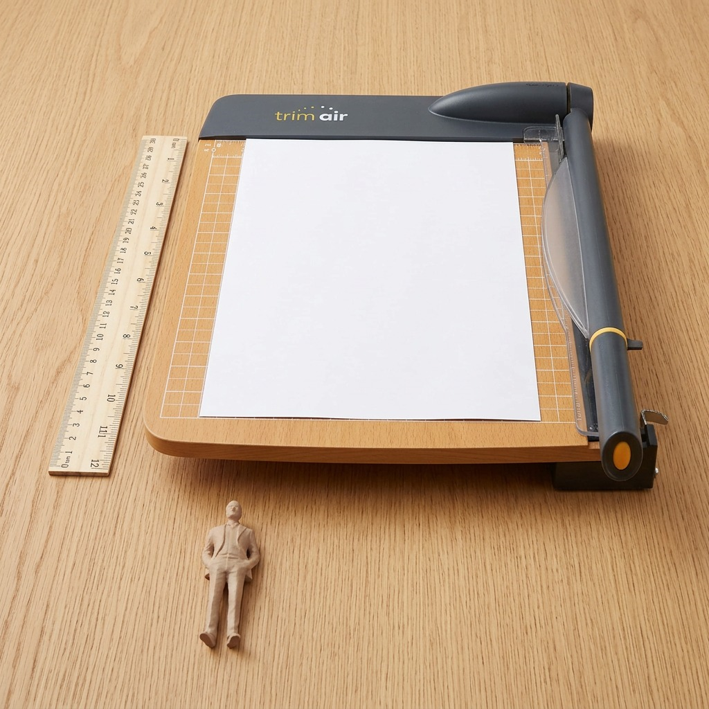 Trimair guillotine trimmer next to vertical 12-inch ruler and A4 paper on a wooden desk.