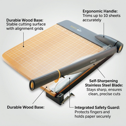An infographic callout image of the paper trimmer, highlighting its wood base, blade, and safety features.