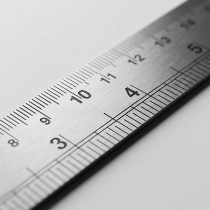 A detailed macro shot showing the fine metal texture and etched markings of the ruler.