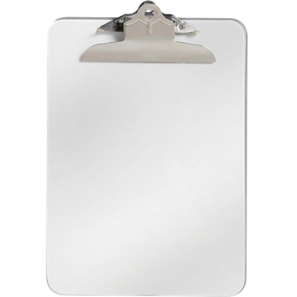 A premium high-resolution ecommerce hero shot of the Westcott letter-size clear clipboard with its specific silver spring clip, centered on a pure white background with realistic shadows.