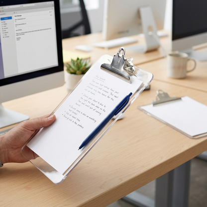 A realistic photo shows a generic clear Westcott Letter Size Clipboard, held by a person on a desk, used in an office setting. A pen is attached to the spring clip.