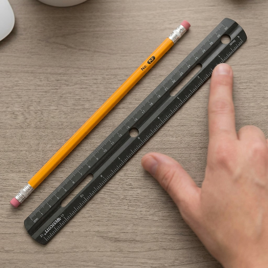 A close-up photograph of the 30cm/12 inch Westcott KleenEarth ruler and a pencil positioned as a scale reference on a desk.