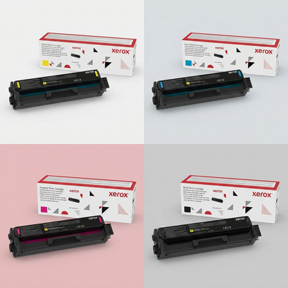 A grid displaying the Xerox 006R04394 Yellow toner and its corresponding Black, Cyan, and Magenta cartridges, with boxes, from multiple angles with premium ecommerce lighting.
