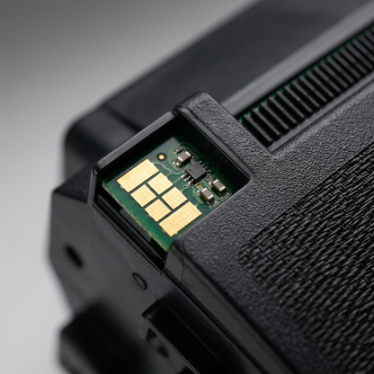 Macro photograph focusing on the data chip, electrical contacts, and textured casing of the specific Xerox cartridge.