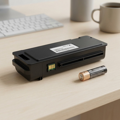An isometric view of the Xerox 106R03500 black toner cartridge sitting beside a standard AA battery on a light gray desk to provide a clear scale reference, with no text or packaging visible.