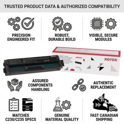 Print cartridge infographic with trust icons, product visual and details for dynamic E-commerce page.