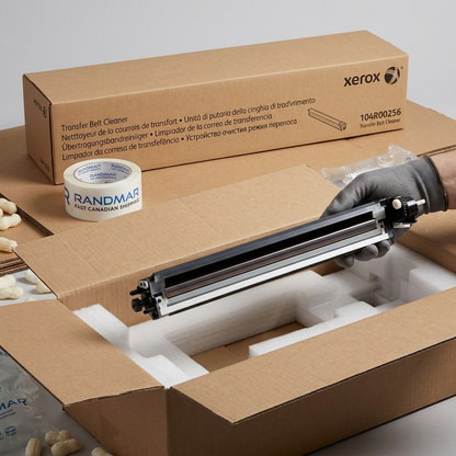 Gloved hand lifts Xerox transfer belt cleaner from custom protective shipping foam.