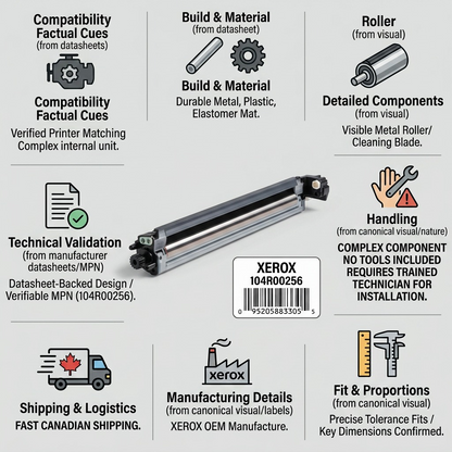 A factual e-commerce infographic showing the Xerox 104R00256 Transfer Belt Cleaner with component details, compatibility, and fast Canadian shipping icons.