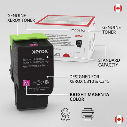 PDP feature infographic of Xerox 006R04358 magenta toner, highlighting genuine toner, capacity, compatibility, and color.