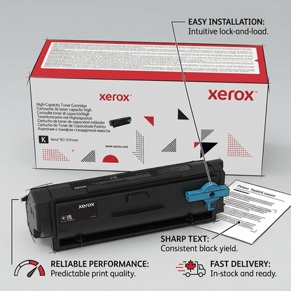 An e-commerce feature callout image showing the properties of the high-capacity Xerox black toner.