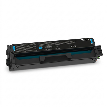 A crisp, high-resolution hero shot of the Xerox 006R04384 Cyan Print Cartridge, viewed from the front-quarter. It is a genuine 006R04384, with its standard capacity cyan ink indicator clearly visible on a black body, set against a seamless pure white background for ecommerce.