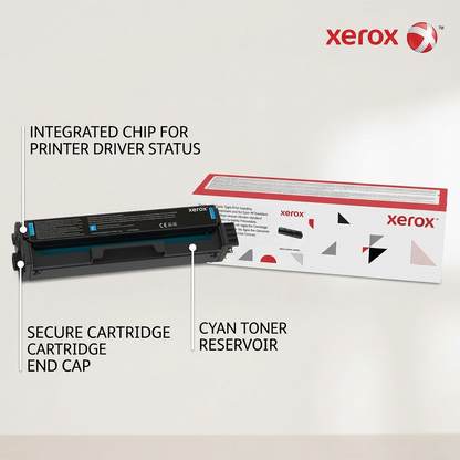 Ecommerce graphic of Xerox 006R04384 Cyan print cartridge with feature callout labels.