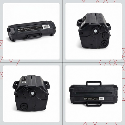 A four-panel grid on a branded background displays the single black Xerox toner cartridge from front, side, angled, and top-down views.