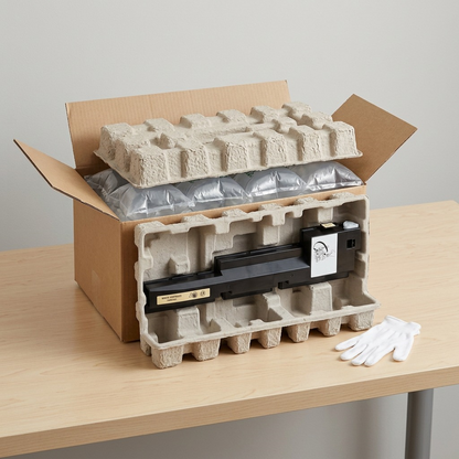 A detailed view of the Xerox 106R01081 cartridge unboxing with molded pulp and air cushions.