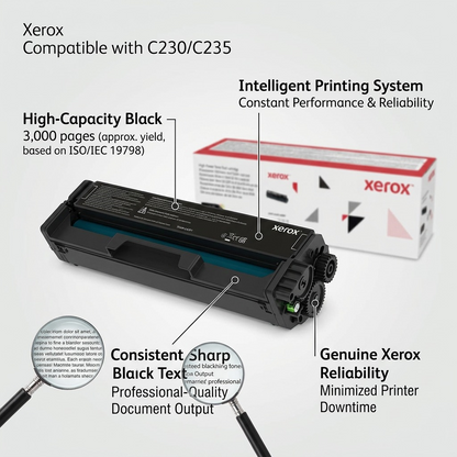 Xerox C230/C235 Black High Capacity Toner Cartridge, 3,000 page yield feature callout diagram.