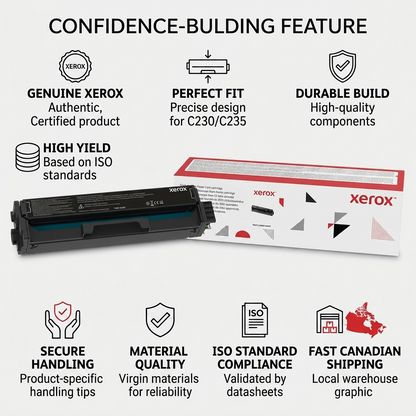 Confidence infographic for Xerox 006R04391 toner cartridge highlighting key trust features with icons.